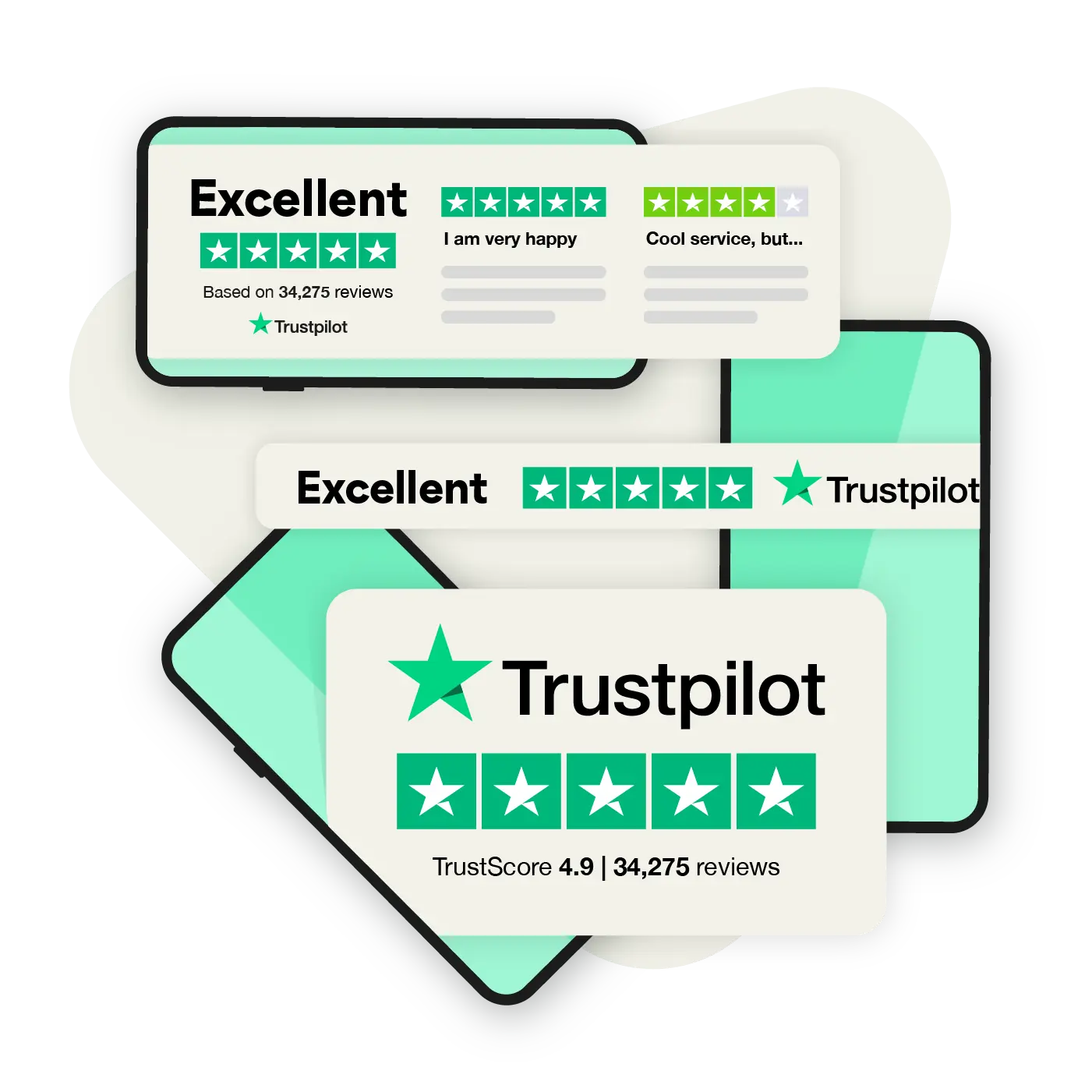 Trustpilot review widgets floating on top of mobile phones